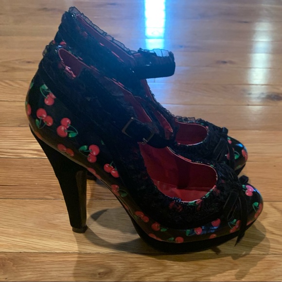 Pin Up 50’s Cherry Heels Ruffle Lace Detail 5 - Picture 3 of 6